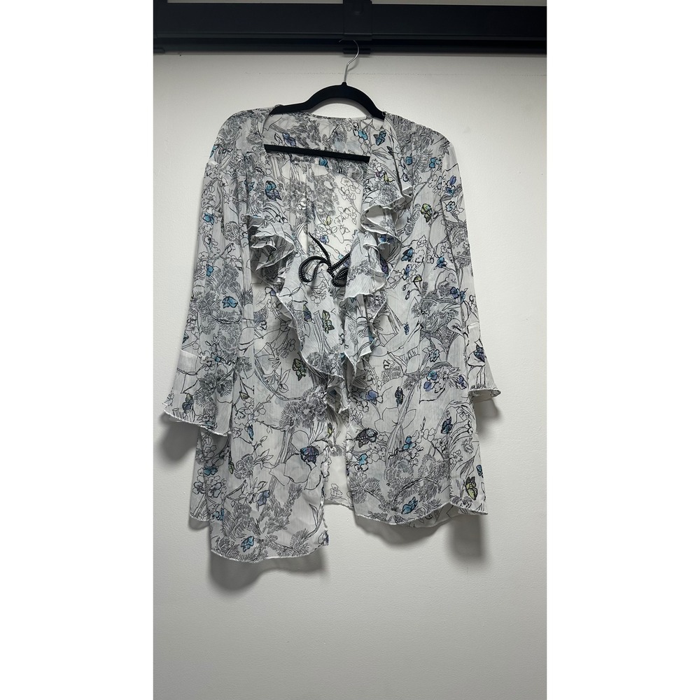 Christopher & Banks Floral Butterfly Ruffle Chiffon Open Front Cardigan White